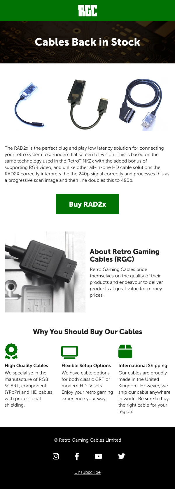 Email for Retro Gaming Cables letting customers know cables are back in stock